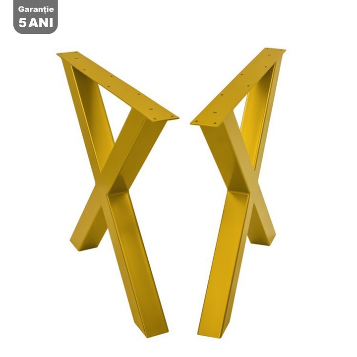 Set 2 picioare masa stil scandinav Forma X Super Masiv, Profil Lat, Vopsire in camp electrostatic, FInisaje Premium, BalustradeTM, Metal Auriu H74x75x8 cm