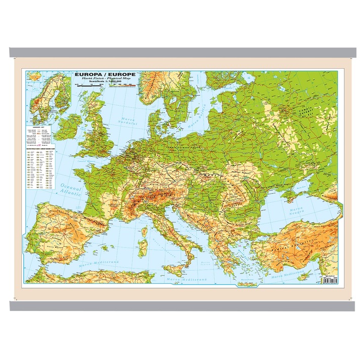 Harta dubla Europa Fizica/Politica si Rutiera, fata / verso, 50 x 70 cm, cu 2 baghete