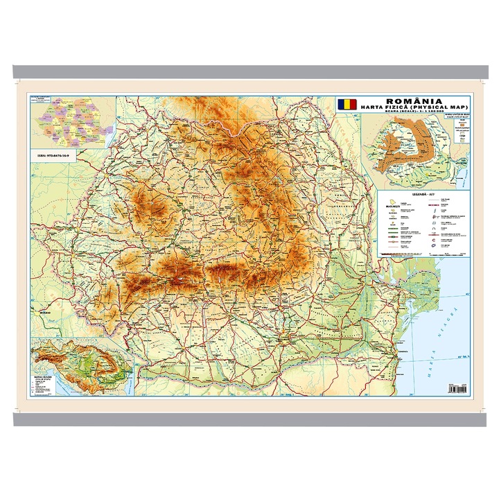 Harta dubla Romania Fizica/Administrativa, fata/ verso, 50 x 70 cm, cu 2 baghete