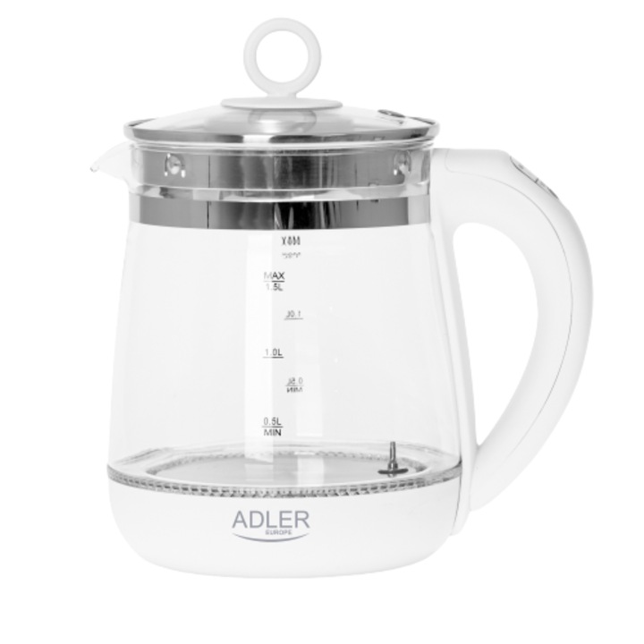 Adler Üveg Vízforraló 1,5 l – Hőmérséklet-szabályozóval és Teaszűrővel (AD 1299)