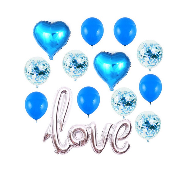 Комплект от 13 балона EFAYN, Декорация "Love", Семпли с конфети, Сини