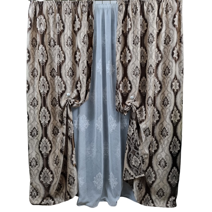Set 2 draperii black-out MASTEL 2x140x245cm bej-maro cu perdea brodata 350x245cm ivoire B3M confectionate cu rejansa