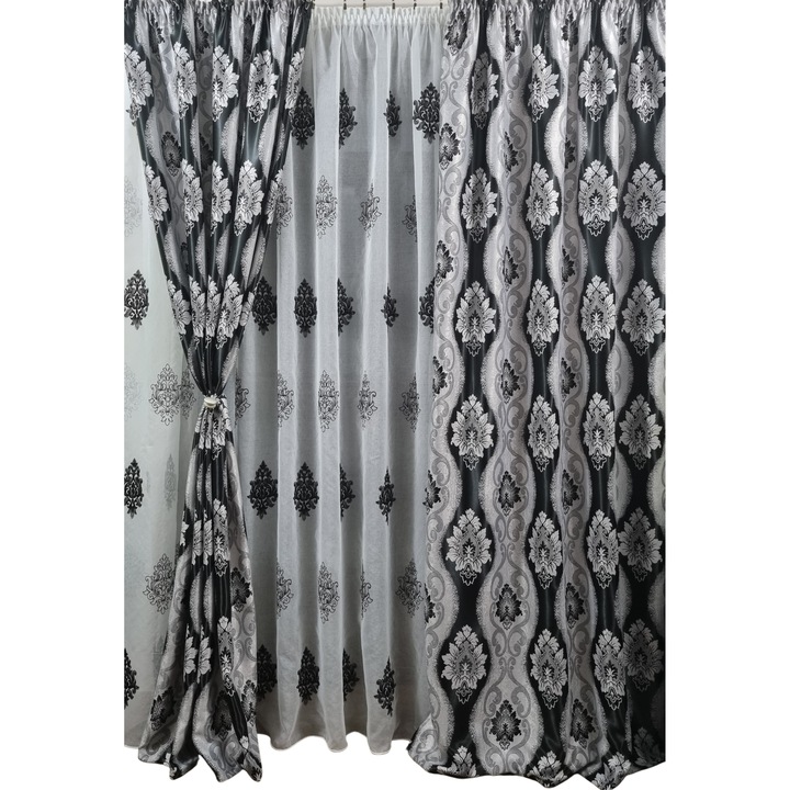 Set 2 draperii black-out MASTEL 2x100x245cm gri negru cu perdea brodata 300x245cm ivoire-negru B3M confectionate cu rejansa