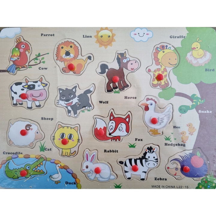 Állatos puzzle, fa, 30x22 cm, többszínű