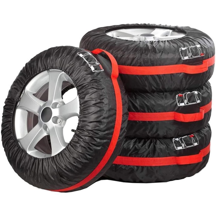 Комплект 4 калъфа за автомобилни гуми Siegbert®, 12”-18”, Черен/Червен