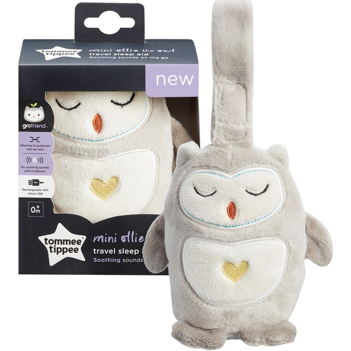 Интерактивна играчка за сън Tommee Tippee, Със звуци и светлини, Презареждаща се, Идеална за пътуване, Мини бухалът Ollie, Сив