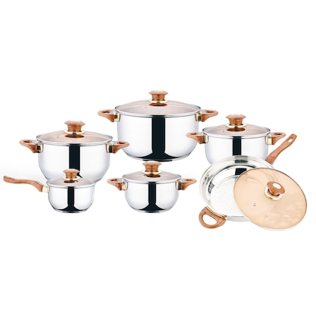 Set 12 piese Grunberg 6 vase din inox, cu capace din sticla, compatibile cu plita cu inductie, GR15041