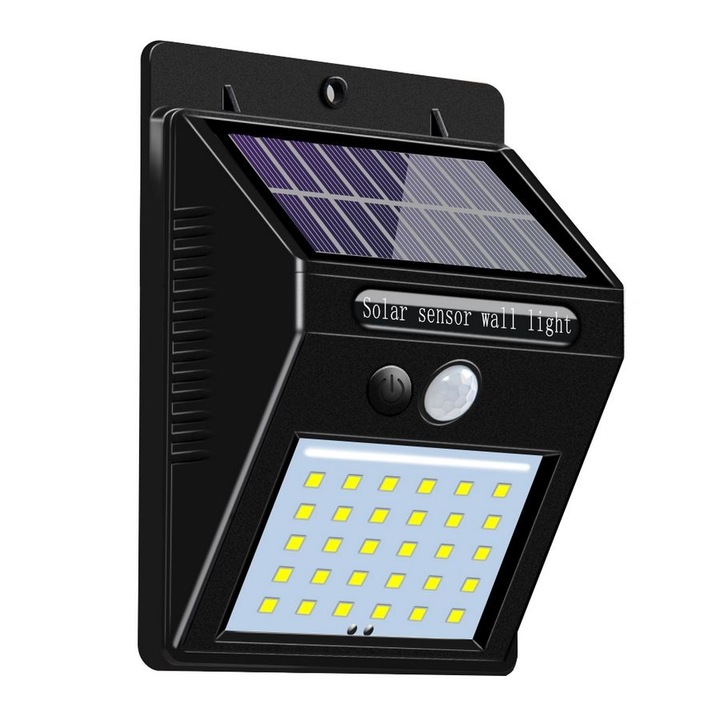 Lampa solara de perete, Huerler BL-609, 30 x LED SMD, senzor miscare, acumulator 1200mAh, panou solar polisiliciu, negru