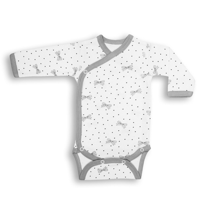 Body 6 capse cu maneca lunga, alb/gri, imprimeu fundite, bumbac 100%