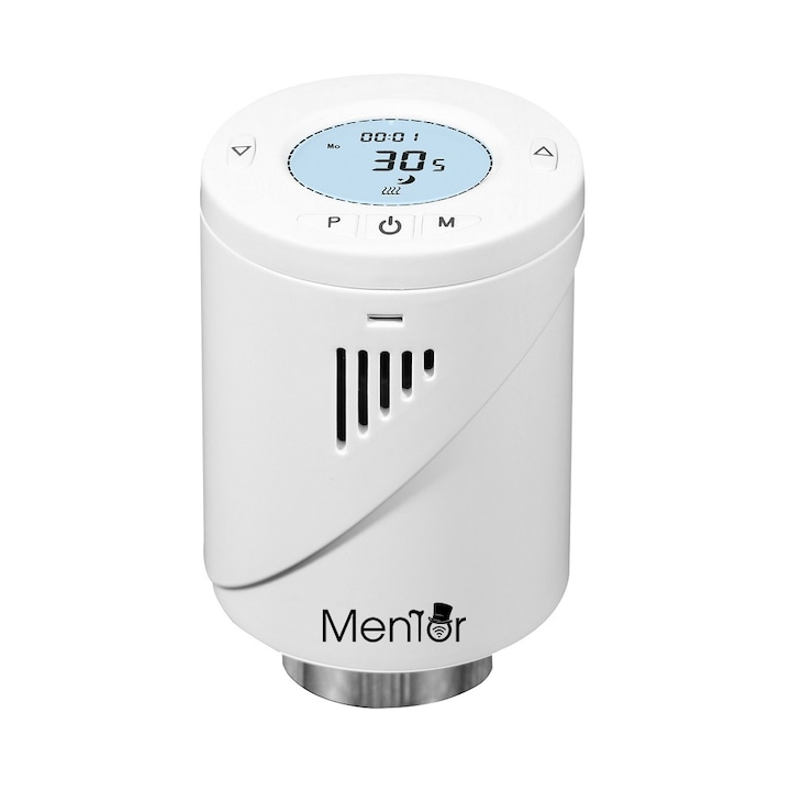 Cap Termostat pentru calorifer Smart wireless Mentor TSW003 cu ecran LCD, functie fereastra deschisa, anti-inghet, control parental, compatibil Google Home Alexa Siri