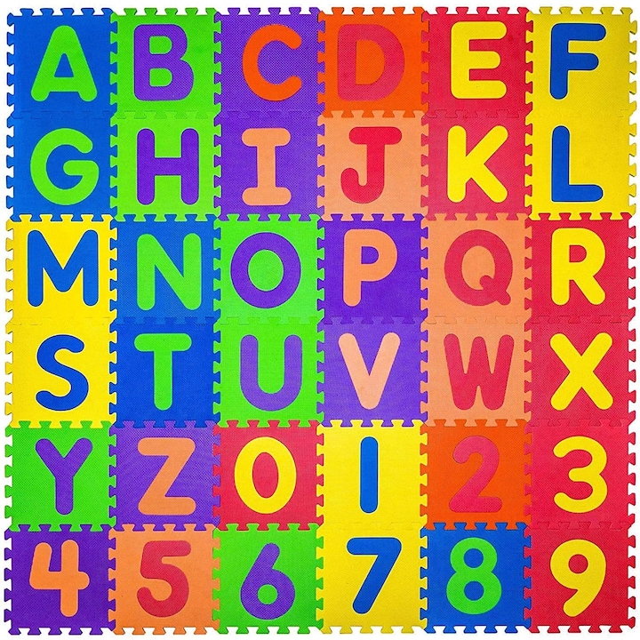 Covor tip Puzzle cu Litere si Cifre pentru Protectie Pardoseala, 36 Elemente din Spuma Moale, Multicolor, 30 x 30 cm