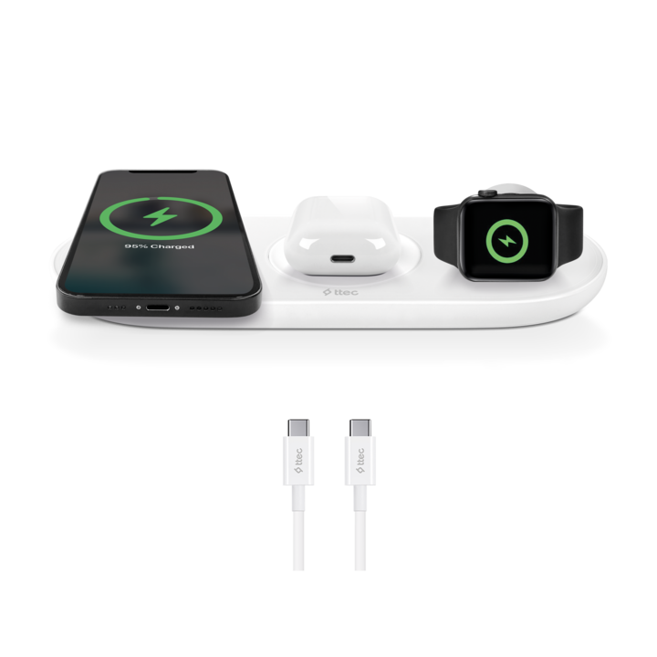 Безжично зарядно ttec AirCharger Trio, (3 in 1, ) iPhone + Apple Watch + AirPods, Wireless Speed Charging Station, бяло