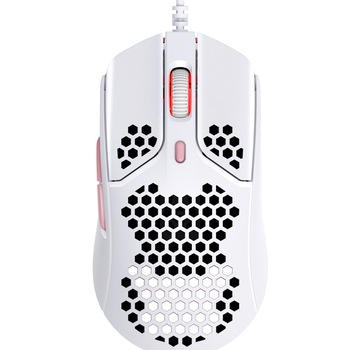 Mouse gaming cu fir HyperX Pulsefire Haste, 16000 DPI, ultrausor (59g), senzor Pixart 3335, 6 butoane, 450IPS, 40G, software NGENUITY, PTFE skates, alb/roz