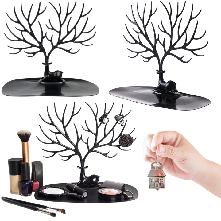 Suport bijuterii si accesorii Black Deer, design cerb, practic, materiale de calitate, negru, doty