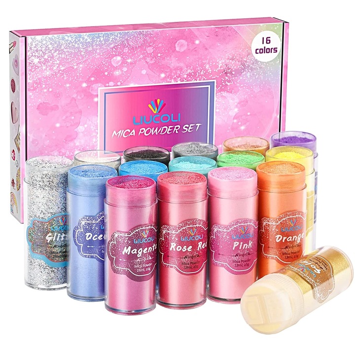 Set pigmenti pudra cu 16 culori metalice 18ml, aditiv multifunctional pentru vopsea, rasina epoxidica, lumanari, slime, sapun