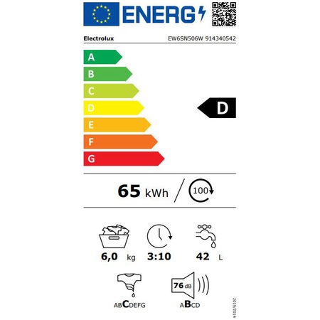 Пералня Slim Electrolux EW6SN506W, 6 кг, 1000 rpm, Клас D, LED дисплей, Sensicare, Бял