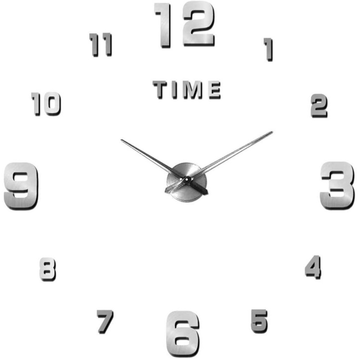 3D стенен часовник, метал/акрил/EVA, арабски цифри, самозалепващ се, сгъваем, сребрист