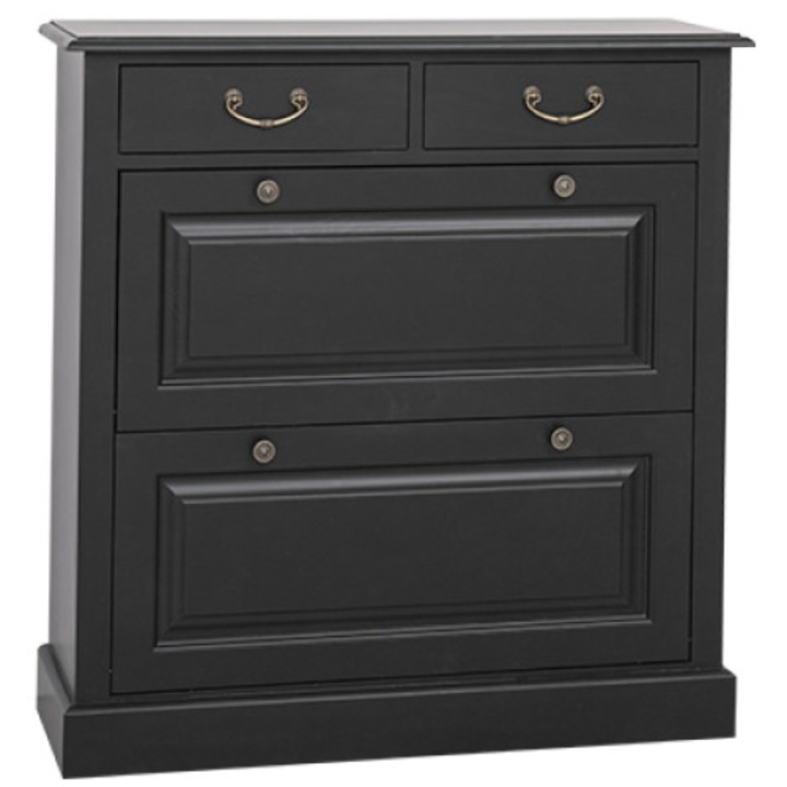 Cipőtartó 2 lenyíló ajtóval, 2 fiókkal sínekkel felszerelve, festett matt fekete, P003