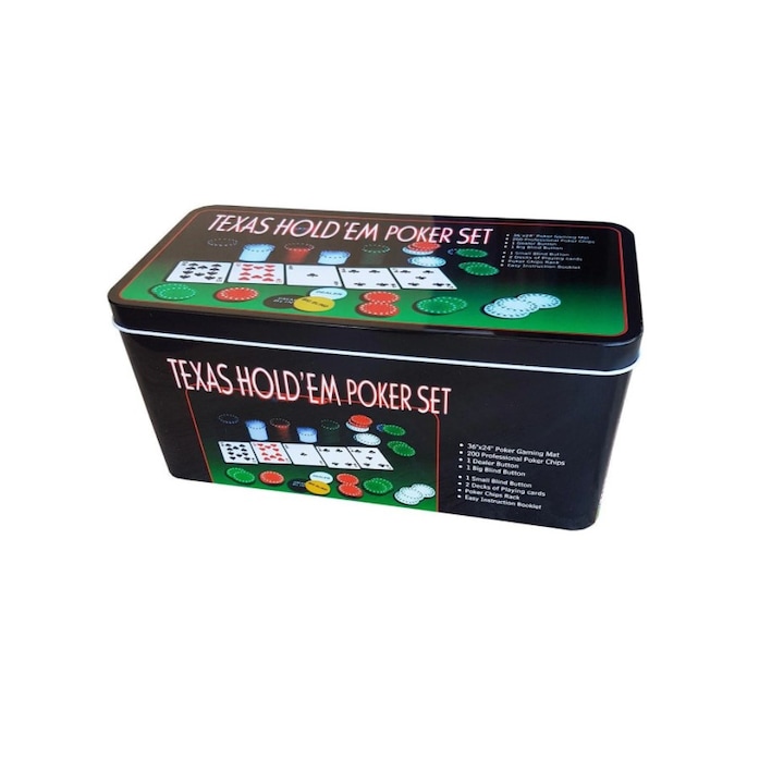 Покер комплект с 200 чипа, метална кутия, книги и включени аксесоари