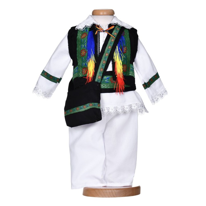Costum botez traditional baietel, 5 piese, alb - verde, 9 - 12 luni, Denikos® 1014