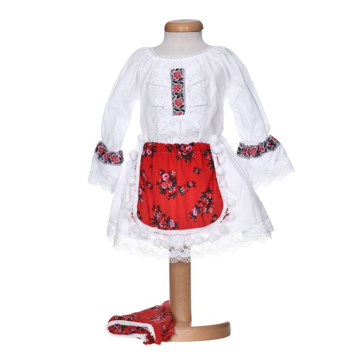 Costum traditional botez pentru fetite, 5 piese, broderie rosie, 6 - 9 luni, Denikos® 1026