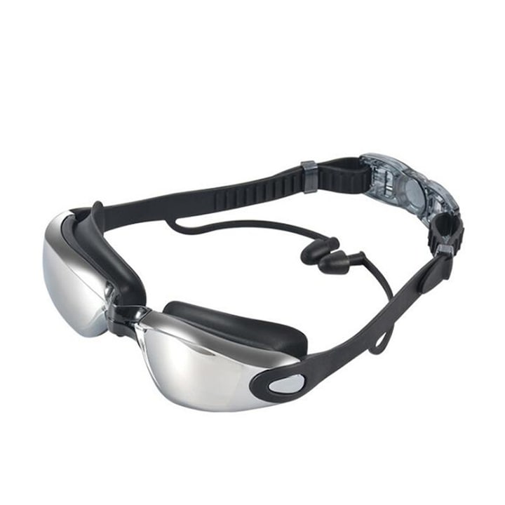 Ochelari de inot pentru adulti, ASKSA, cu dopuri de urechi, protectie uv si anti fog, punte nazala flexibila, Negru