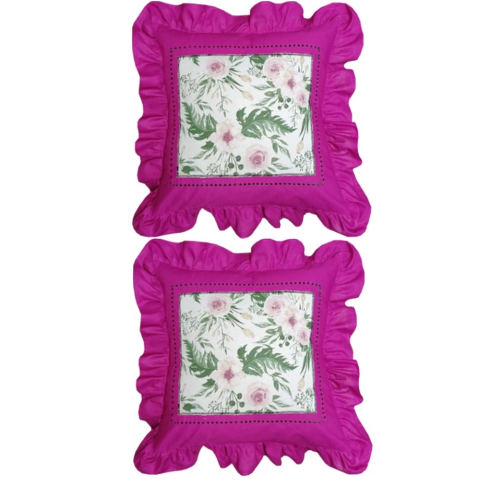 Set 2 Huse perna Casa Bucuriei, model Sensy, alb/fucsia, bumbac natural 100%, 60 cm x 60 cm