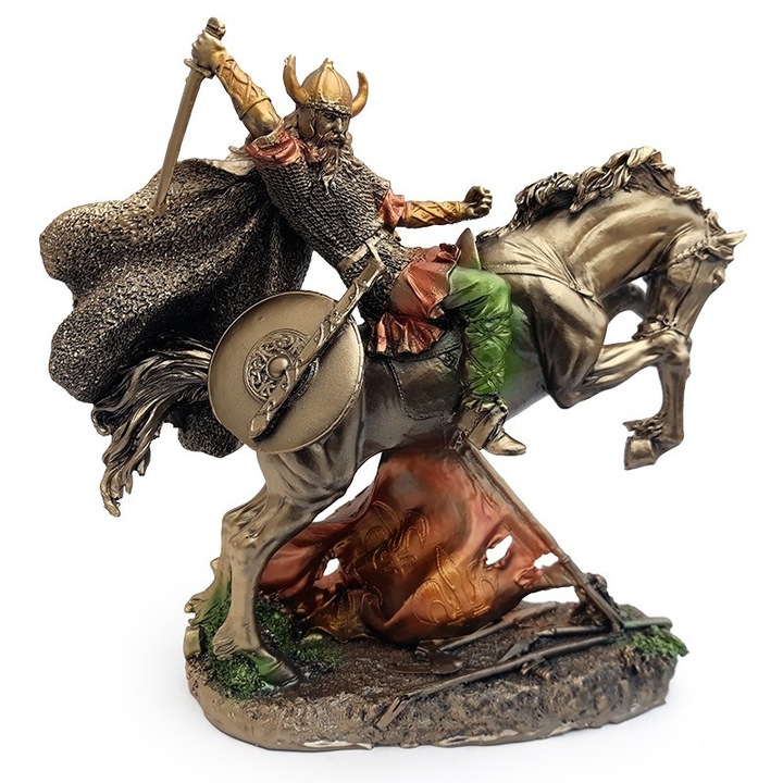 Statueta din rasina reprezentand un viking pe cal, 25x25 cm
