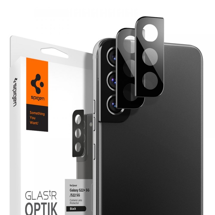 Стъклен протектор за камера Spigen Optik. TR, 2-Pack за Samsung Galaxy S22 / S22+ Plus, Black