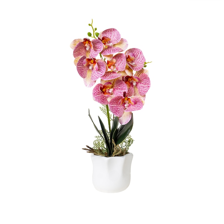 2-тел орхидеи с естествен вид в бяла керамична саксия, H 38 см / ORH4692_Многоцветен