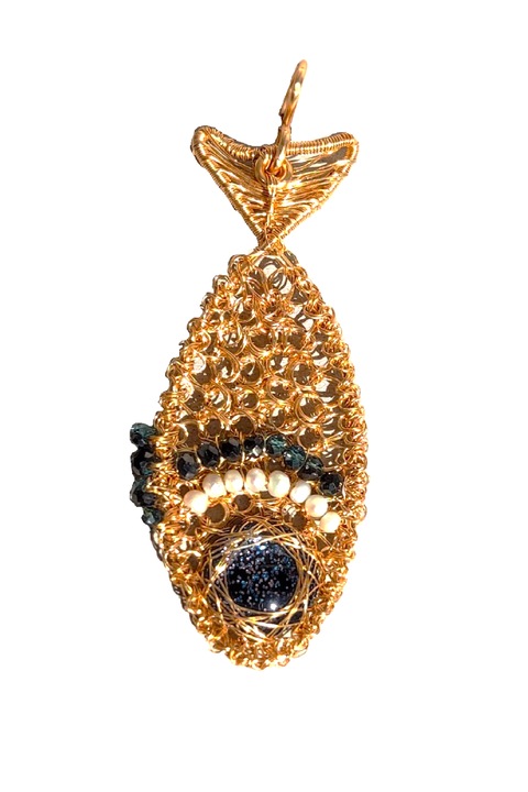 Pandantiv Peste crosetat cu cristale de stanca, Metal Gilt, Auriu, 8cm