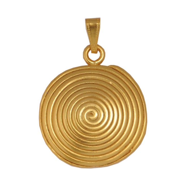 Pandantiv disc spirala vietii, cultura Quimbaya, placat cu aur de 24 K, lungime 4.30 cm