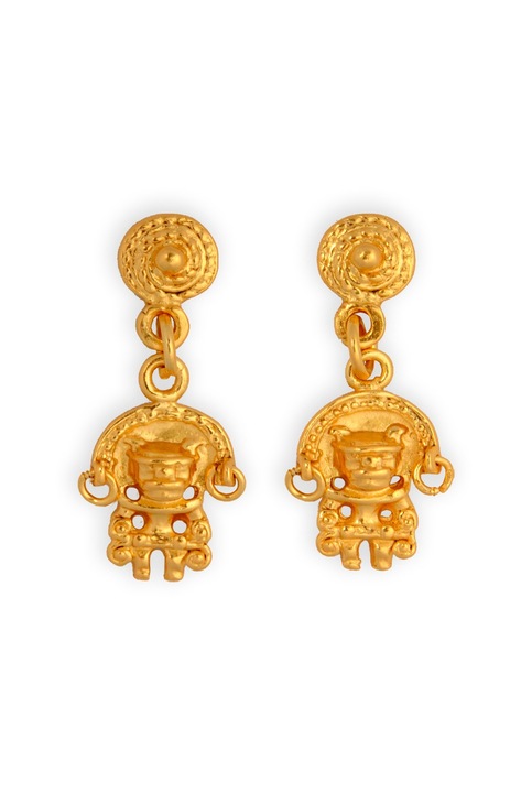 Cercei atarnatori omul jaguar, cultura Tairona, placati cu aur de 24 K, lungime 2.39 cm