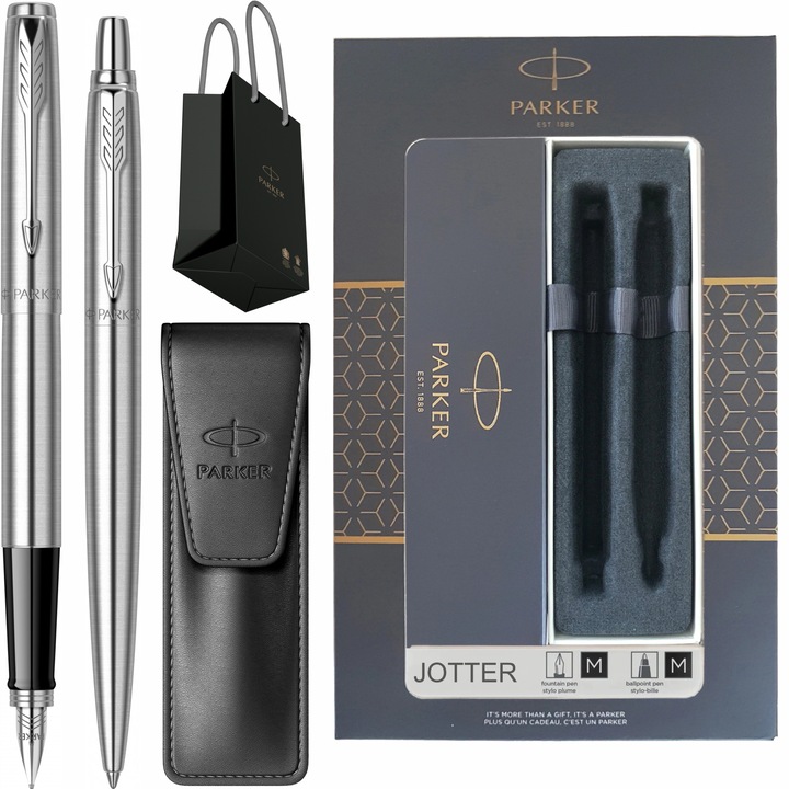 Set Stilou Pix Parker Jotter Royal Stainless Steel CT cu gravura laser inclusa, etui Leather Black si punga Parker