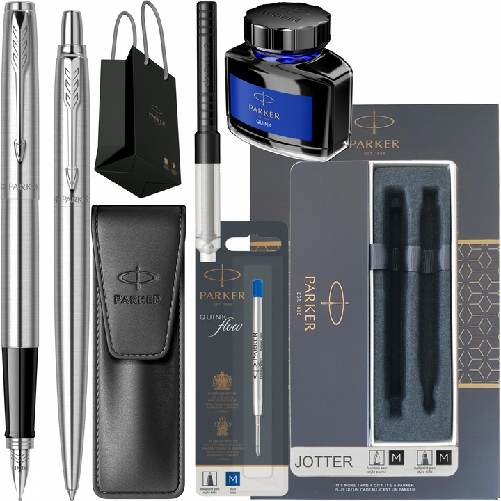 Set Stilou Pix Parker Jotter Royal Stainless Steel CT cu gravura laser inclusa, etui Leather Black, rezerva mina pix Quink Flow Albastru, convertor, calimara cerneala si punga Parker