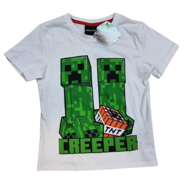 Tricou copii Minecraft, Creeper Tnt, maneca scurta, /, alb