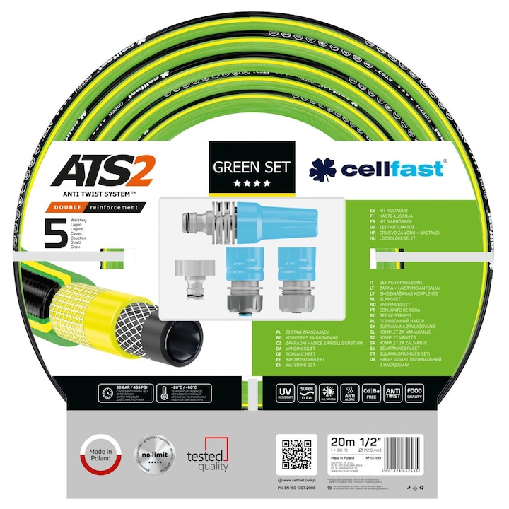 Комплект градински маркуч с 5 слоя Cellfast Green, 1/2", подсилен, дълъг 20 м, UV защита, спринклер, конектор