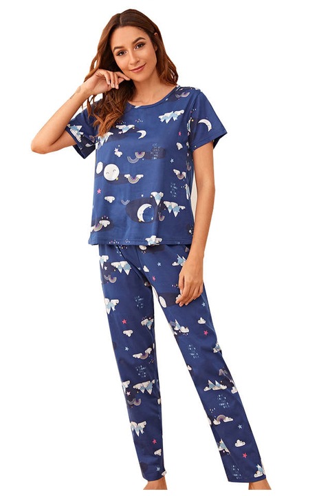 Pijama dama tricou cu pantaloni, Alb/Albastru