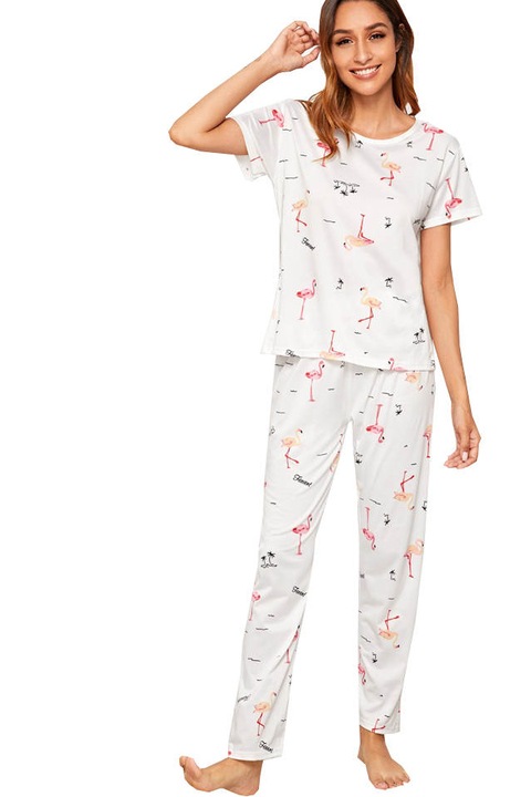 Pijama dama tricou cu pantaloni, Alb/Roz