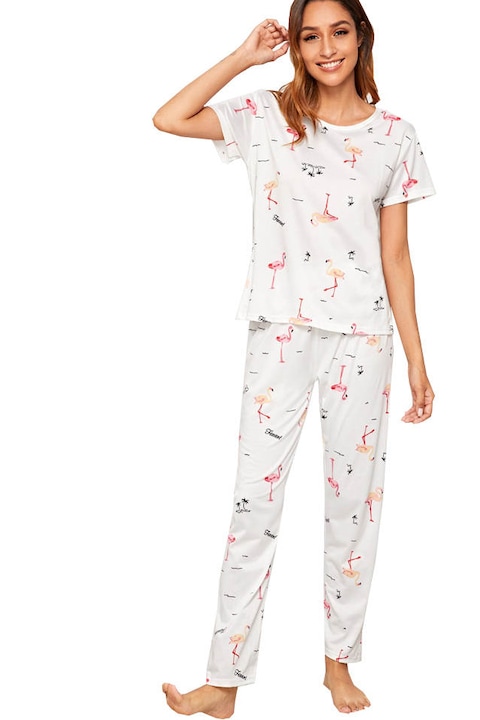 Női póló pizsama nadrággal, Fehér/Rózsaszín