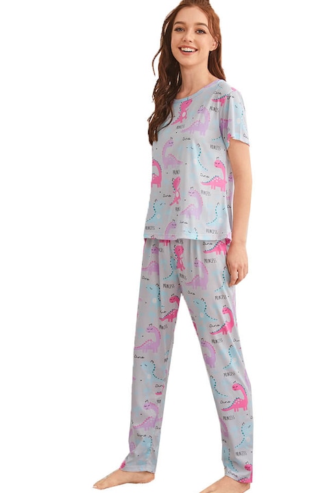 Pijama dama tricou cu pantaloni, Rosu/Gri