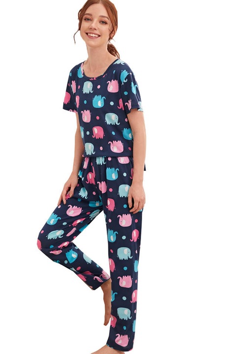 Pijama dama tricou cu pantaloni, Roz/Albastru