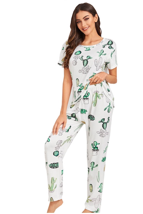 Pijama dama tricou cu pantaloni, Alb/Verde