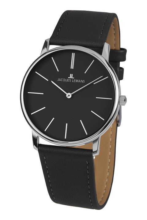 Jacques Lemans, Kétmutatós kvarc karóra bőrszíjjal, Fekete