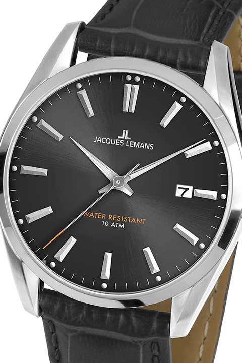 Jacques Lemans, Ceas quartz cu o curea de piele, Gri inchis