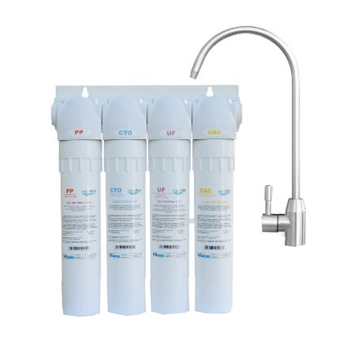 Система за филтриране AquaPUR PUR4 UF, 11", Батерия Inox, PP патрон, Патрон с активен въглен, UF мембранен патрон, Патрон с гранулирани въглища