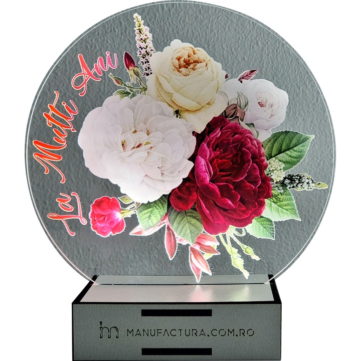 Lampa cadou Dream Lite LED fotografie 3D - cerc cu buchet de trandafiri cu mesajul La Multi Ani