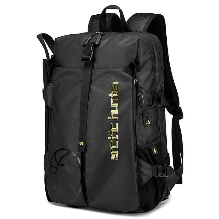 Rucsac laptop 15,6", pentru activitati sportive sau excursii, cu plasa pentru minge, Arctic Hunter, 29x19x47 cm, Negru