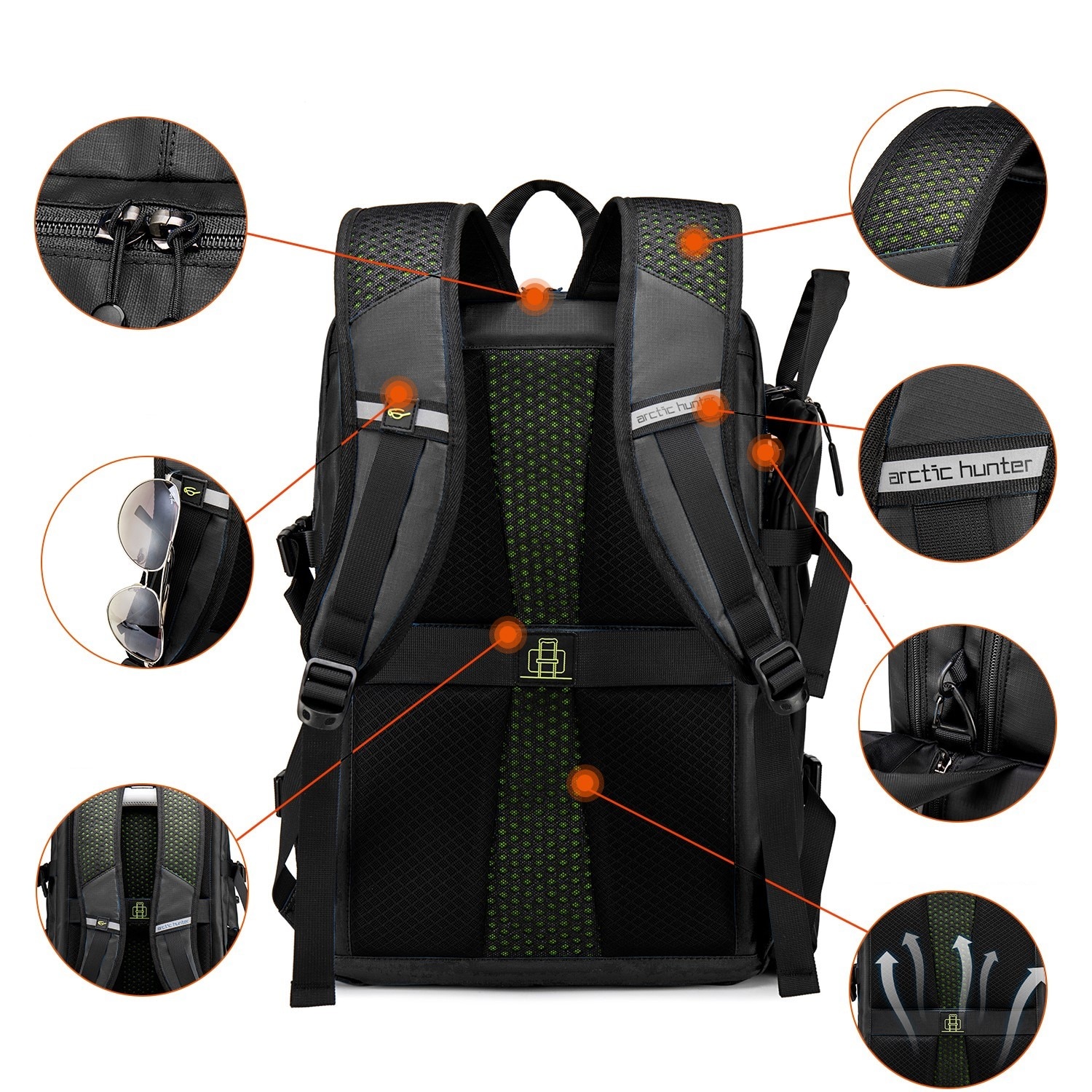 Rucsac laptop 15,6", pentru activitati sportive sau excursii, cu plasa pentru minge, Arctic Hunter, 29x19x47 cm, Negru