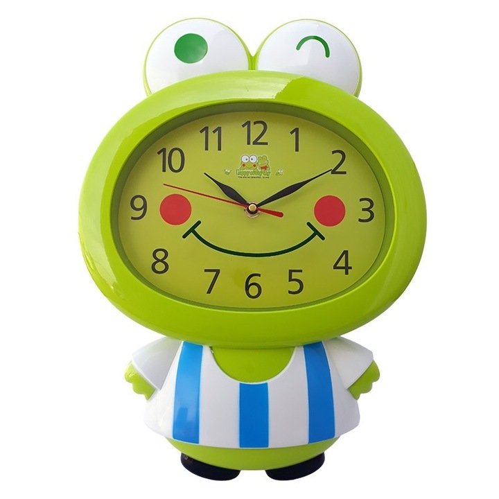 Ceas din plastic, de perete, in forma de broasca, 28x38cm, albastru